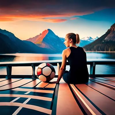 Eine Fußballspielerin mit einem Ball neben sich