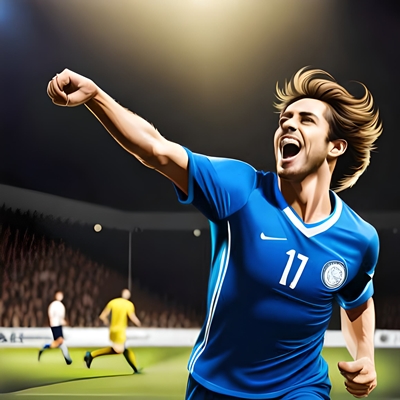Ein Fußballspieler im blauen Trikot freut sich über seinen Sieg