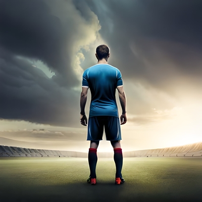 Ein trauriger Fußballspieler von hinten